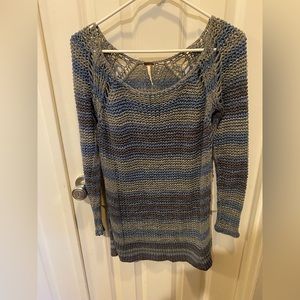 Free People Open-Knit Striped Scoop Neck Sweater in Blue and Gray